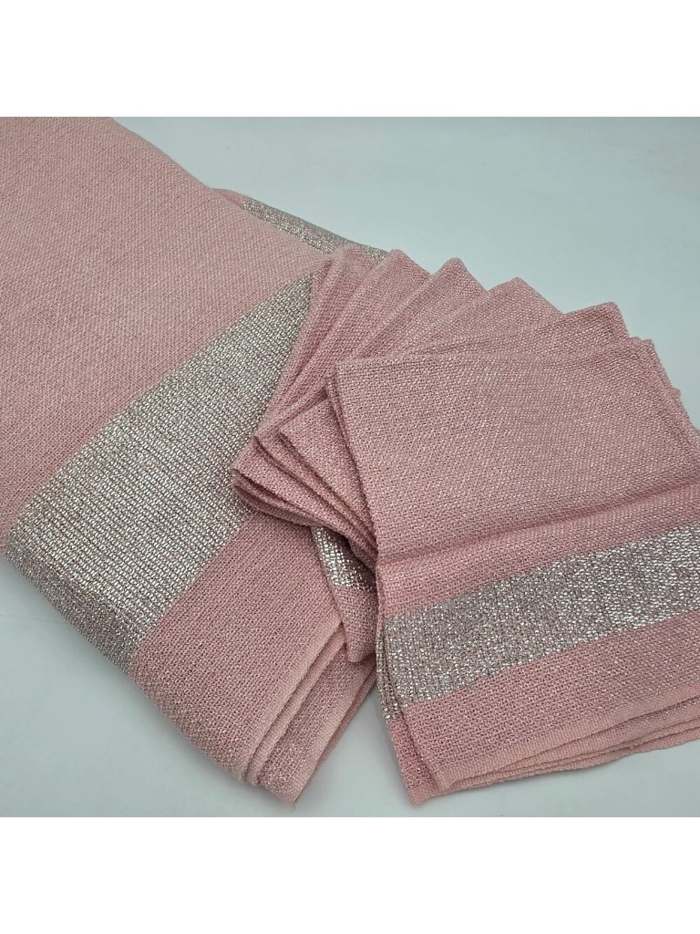 MCM 1950s Pink Woven Tablecloth & 6 Napkins Metallic Gray Accent Barbie Decor